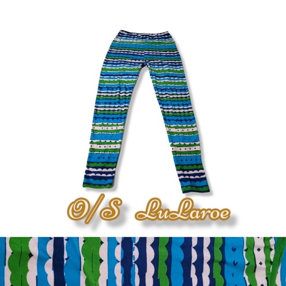 OS lularoe Leggings striped scallop blue green white - Picture 1 of 11